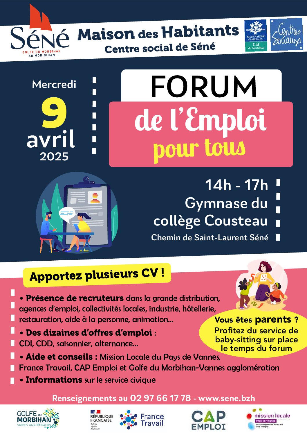Breizh emploi 56 et Breizh emploi 56 Intérim sera présent au forum de Séné le mercredi 9 Avril 2025.
